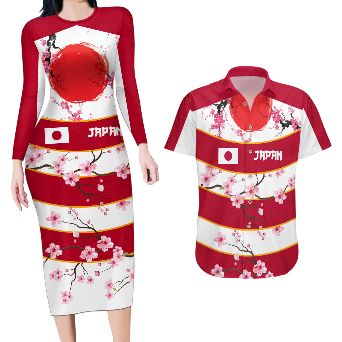 Custom Japan Rugby Couples Matching Long Sleeve Bodycon Dress and Hawaiian Shirt Sakura Blossom Go Champion 2024 - Wonder Print Shop