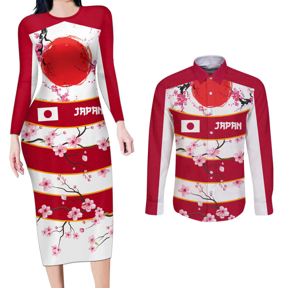 Custom Japan Rugby Couples Matching Long Sleeve Bodycon Dress and Long Sleeve Button Shirt Sakura Blossom Go Champion 2024 - Wonder Print Shop