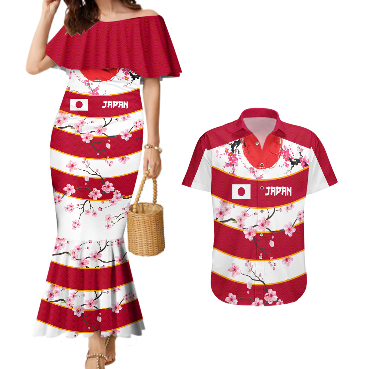 Custom Japan Rugby Couples Matching Mermaid Dress and Hawaiian Shirt Sakura Blossom Go Champion 2024 - Wonder Print Shop