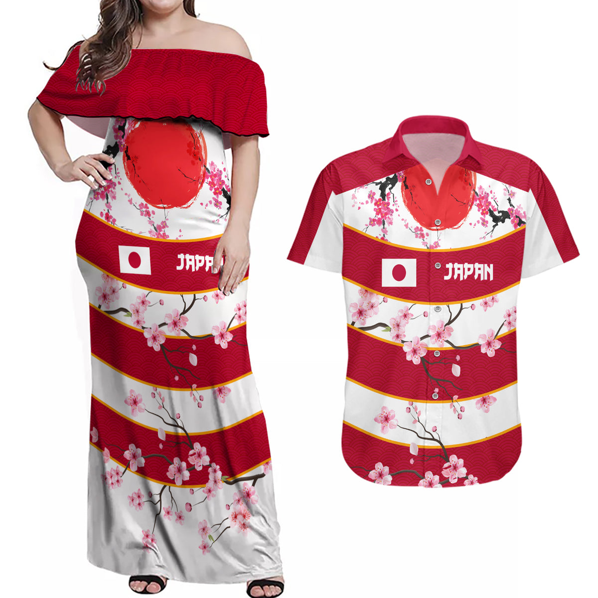 Custom Japan Rugby Couples Matching Off Shoulder Maxi Dress and Hawaiian Shirt Sakura Blossom Go Champion 2024 - Wonder Print Shop