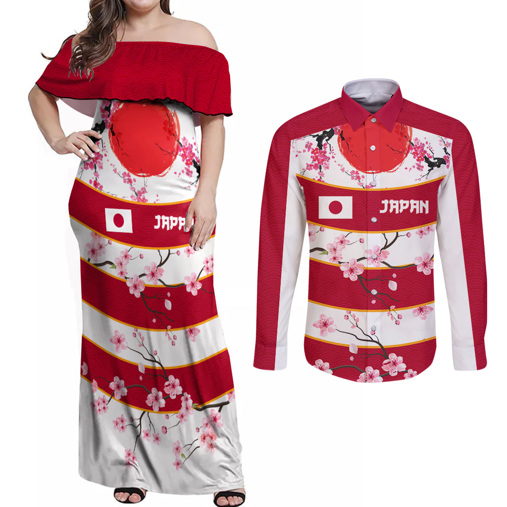 Custom Japan Rugby Couples Matching Off Shoulder Maxi Dress and Long Sleeve Button Shirt Sakura Blossom Go Champion 2024 - Wonder Print Shop