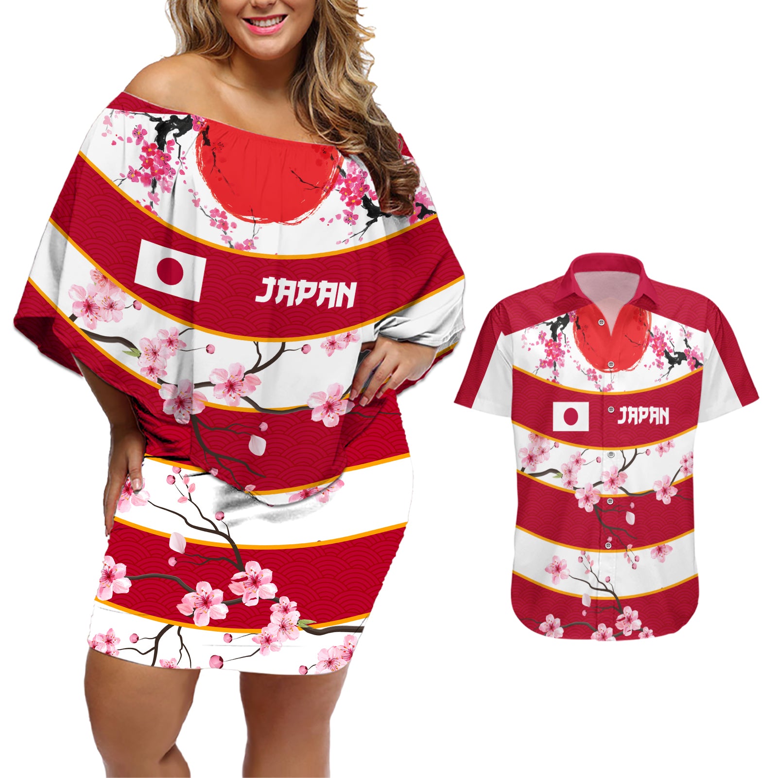 Custom Japan Rugby Couples Matching Off Shoulder Short Dress and Hawaiian Shirt Sakura Blossom Go Champion 2024 - Wonder Print Shop