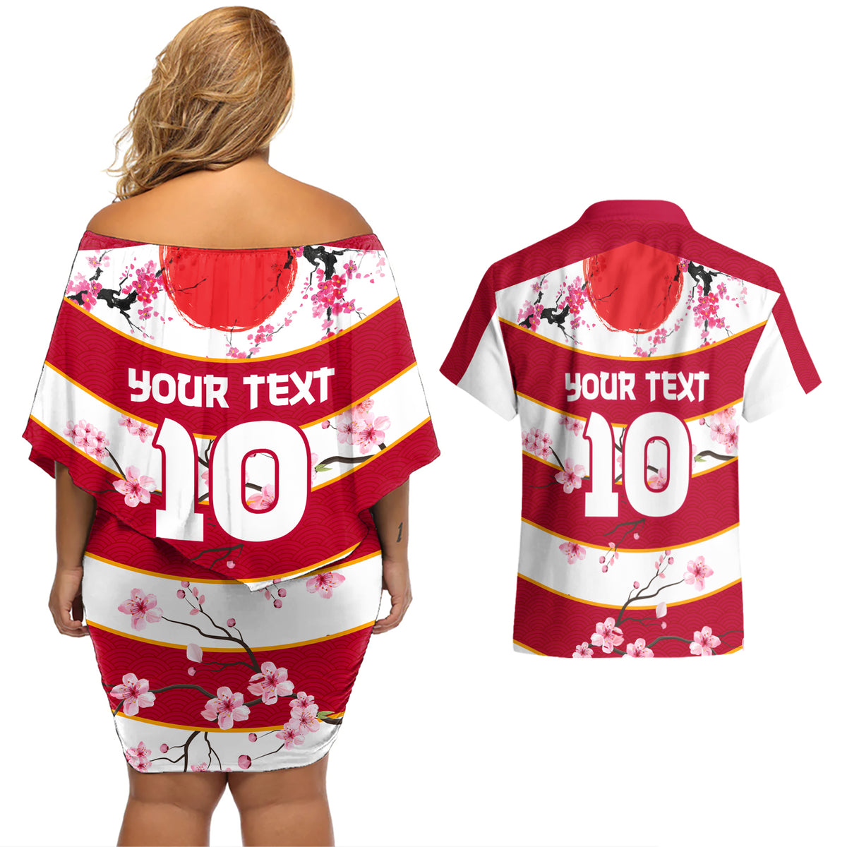 Custom Japan Rugby Couples Matching Off Shoulder Short Dress and Hawaiian Shirt Sakura Blossom Go Champion 2024 - Wonder Print Shop