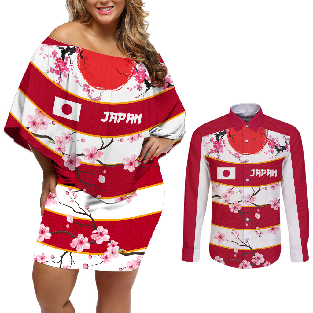Custom Japan Rugby Couples Matching Off Shoulder Short Dress and Long Sleeve Button Shirt Sakura Blossom Go Champion 2024 - Wonder Print Shop