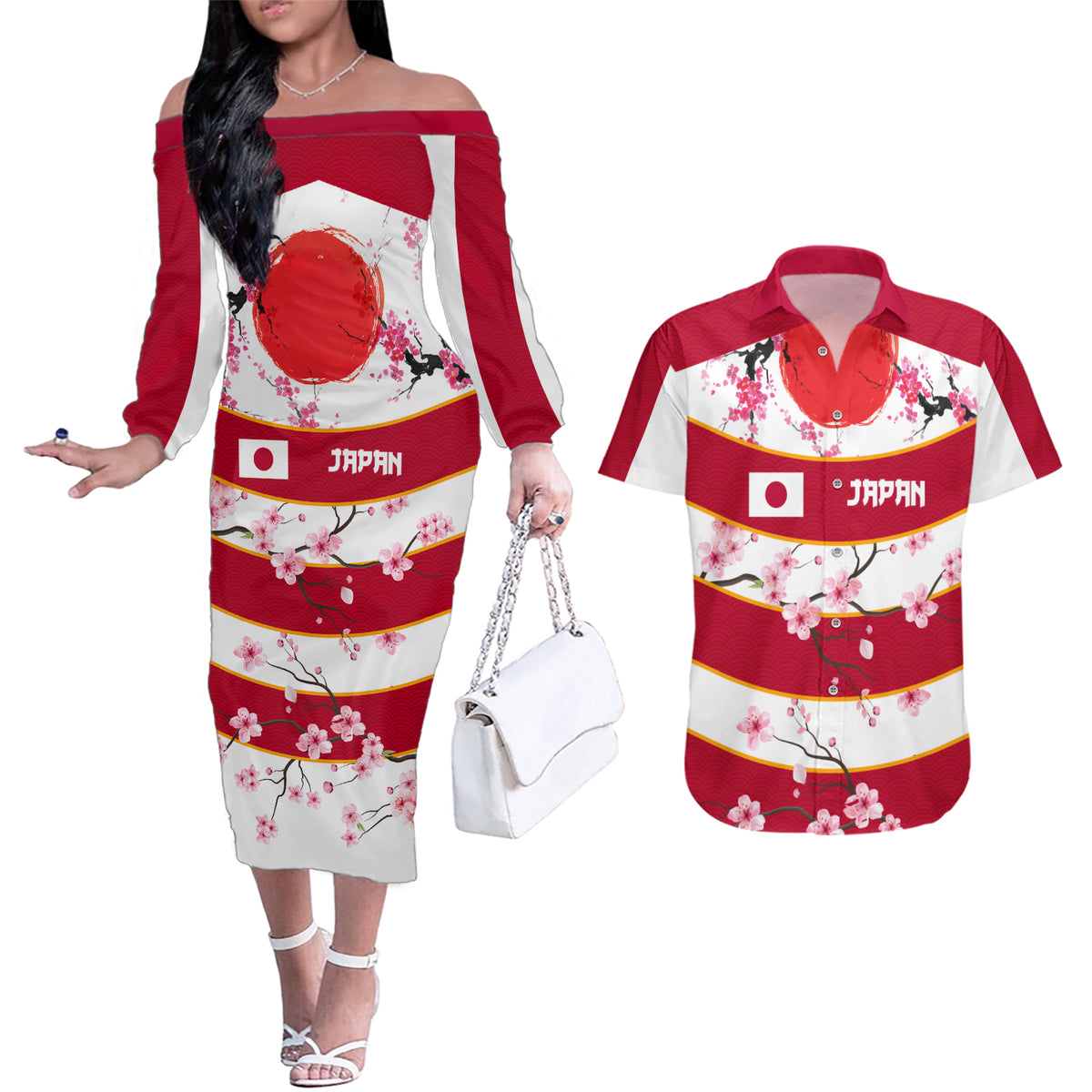 Custom Japan Rugby Couples Matching Off The Shoulder Long Sleeve Dress and Hawaiian Shirt Sakura Blossom Go Champion 2024 - Wonder Print Shop