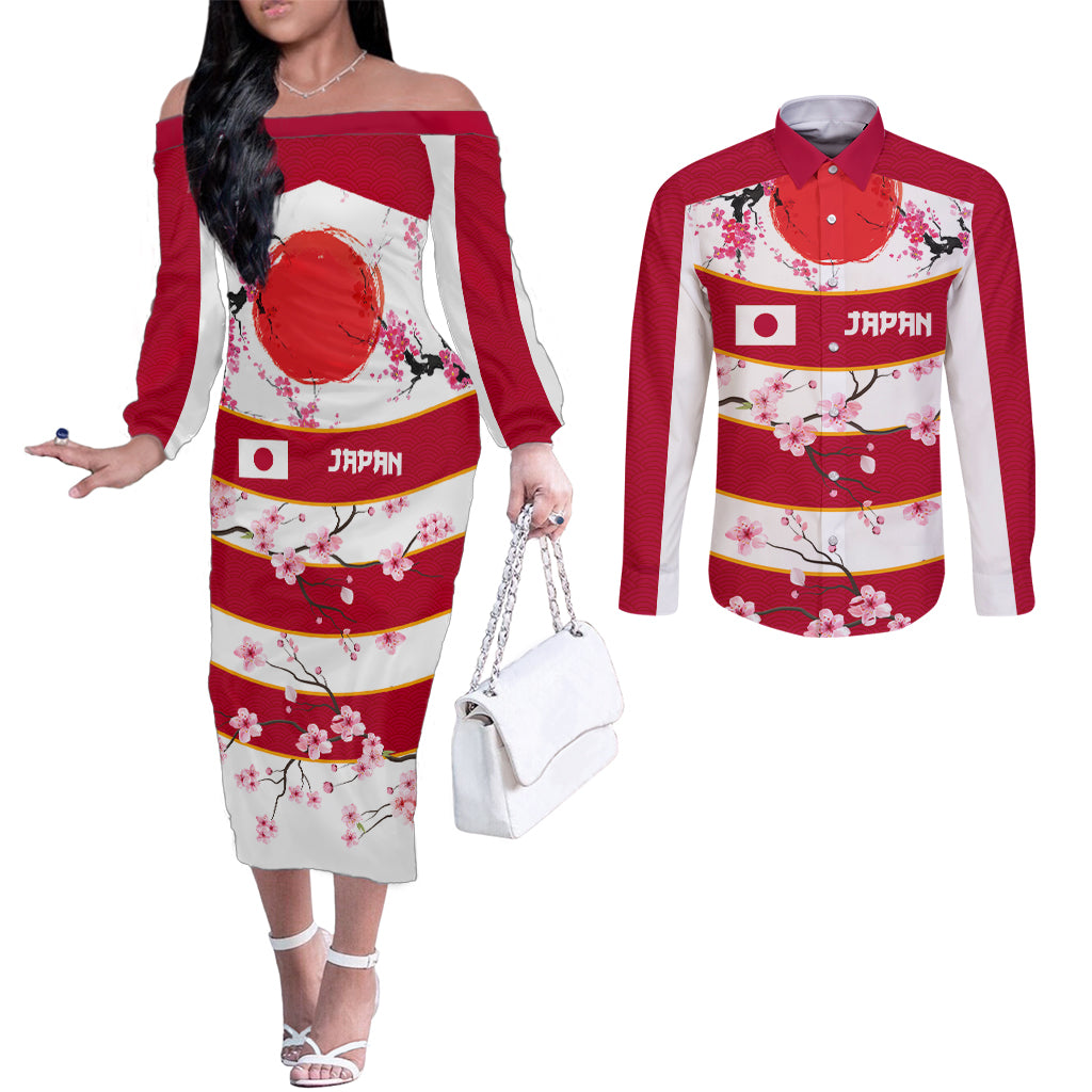 Custom Japan Rugby Couples Matching Off The Shoulder Long Sleeve Dress and Long Sleeve Button Shirt Sakura Blossom Go Champion 2024