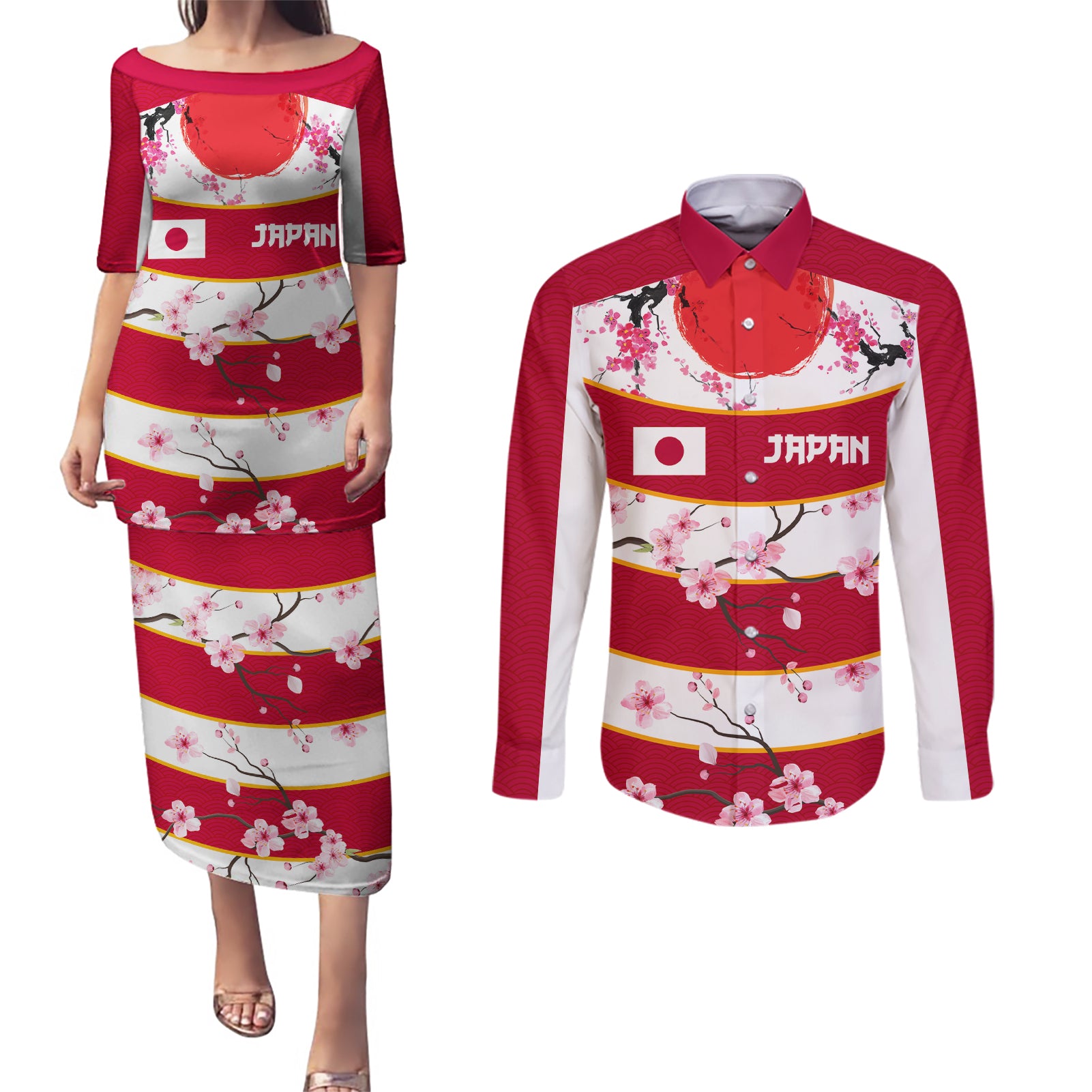 Custom Japan Rugby Couples Matching Puletasi and Long Sleeve Button Shirt Sakura Blossom Go Champion 2024 - Wonder Print Shop