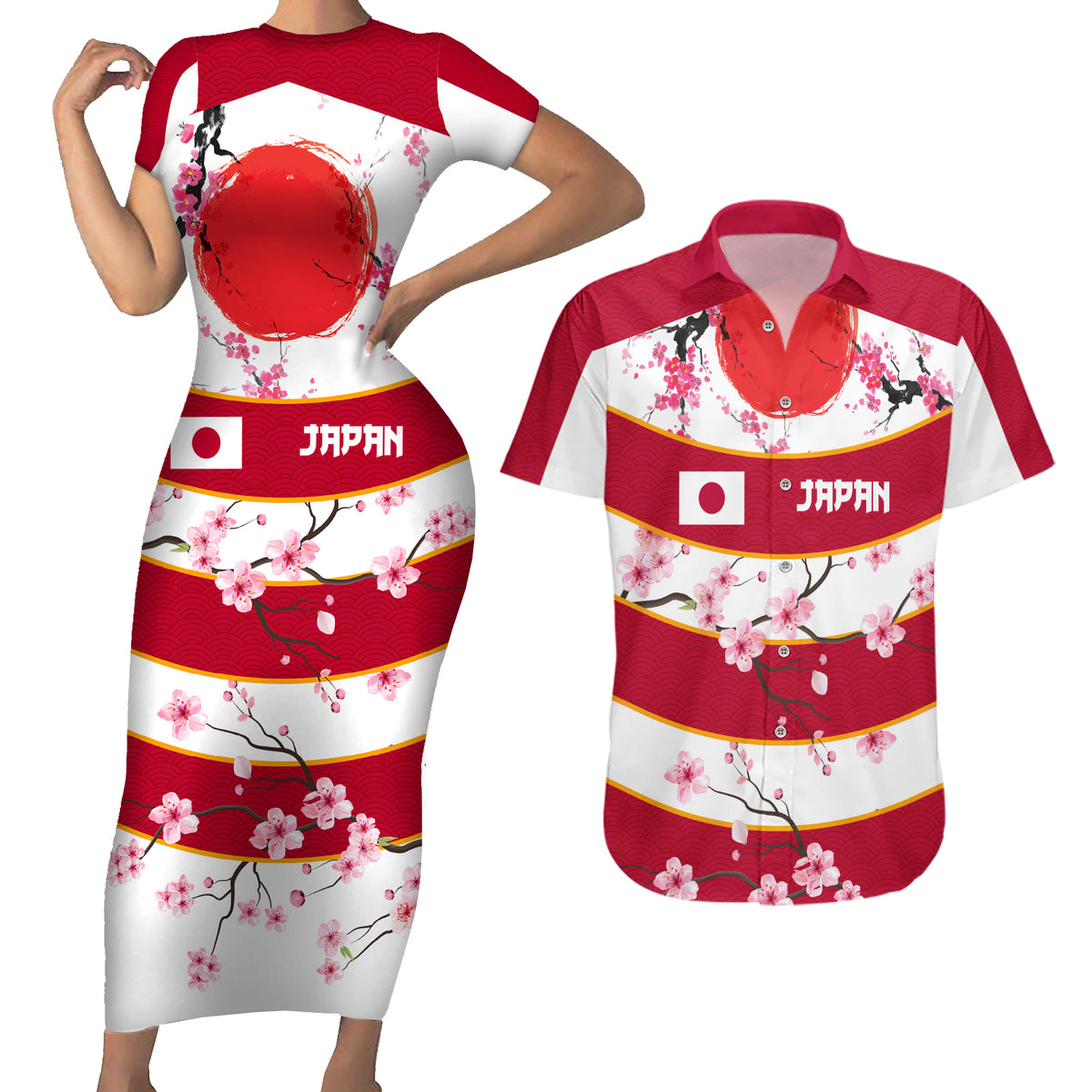Custom Japan Rugby Couples Matching Short Sleeve Bodycon Dress and Hawaiian Shirt Sakura Blossom Go Champion 2024 - Wonder Print Shop