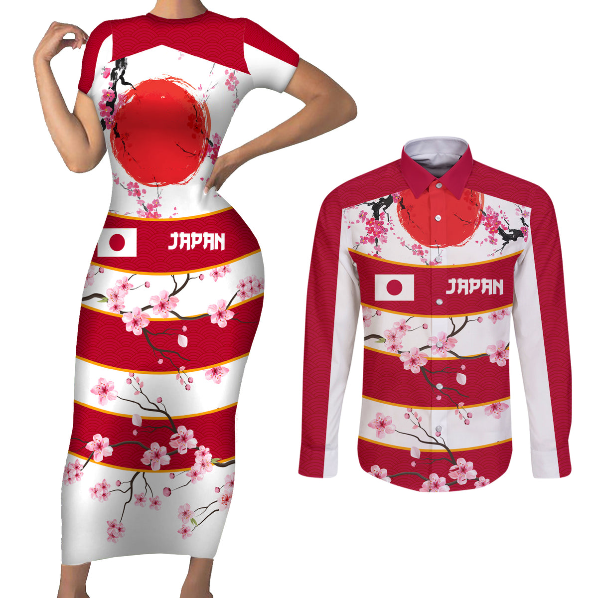 Custom Japan Rugby Couples Matching Short Sleeve Bodycon Dress and Long Sleeve Button Shirt Sakura Blossom Go Champion 2024 - Wonder Print Shop