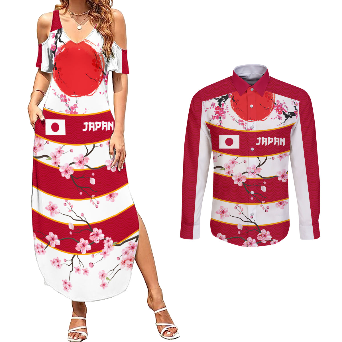 Custom Japan Rugby Couples Matching Summer Maxi Dress and Long Sleeve Button Shirt Sakura Blossom Go Champion 2024 - Wonder Print Shop