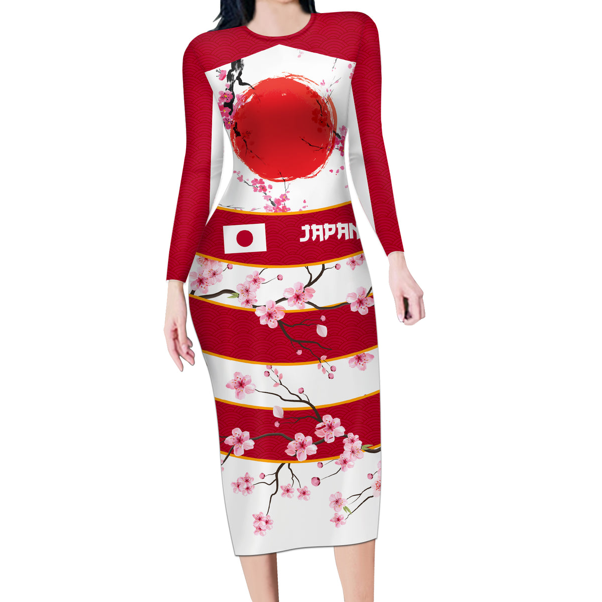 Custom Japan Rugby Long Sleeve Bodycon Dress Sakura Blossom Go Champion 2024 - Wonder Print Shop