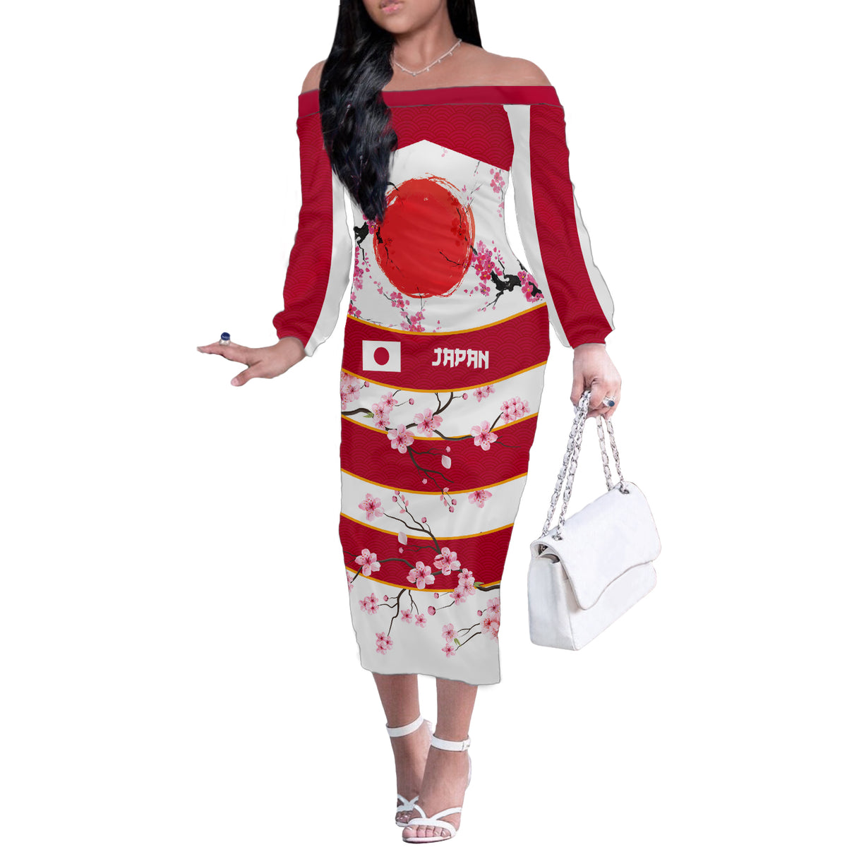 Custom Japan Rugby Off The Shoulder Long Sleeve Dress Sakura Blossom Go Champion 2024 - Wonder Print Shop