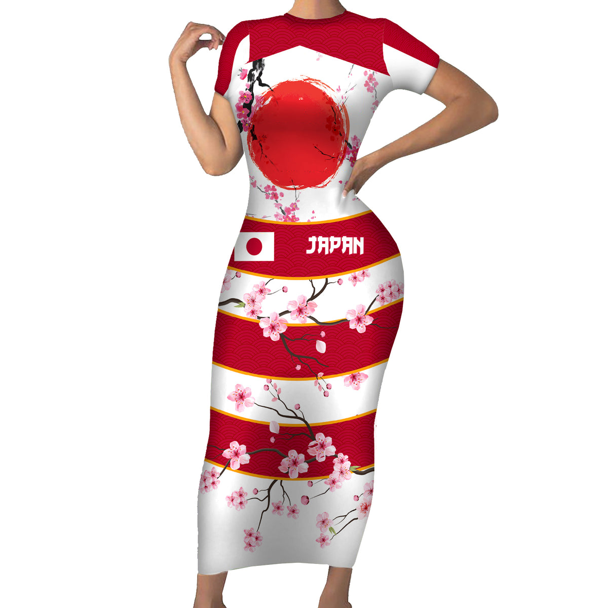 Custom Japan Rugby Short Sleeve Bodycon Dress Sakura Blossom Go Champion 2024 - Wonder Print Shop