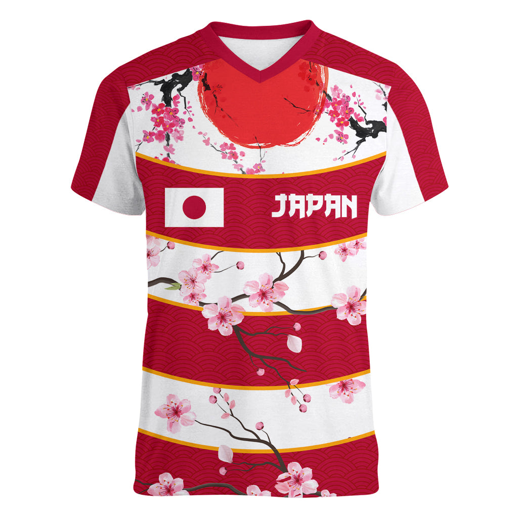 Custom Japan Rugby Women V-Neck T-Shirt Sakura Blossom Go Champion 2024 - Wonder Print Shop