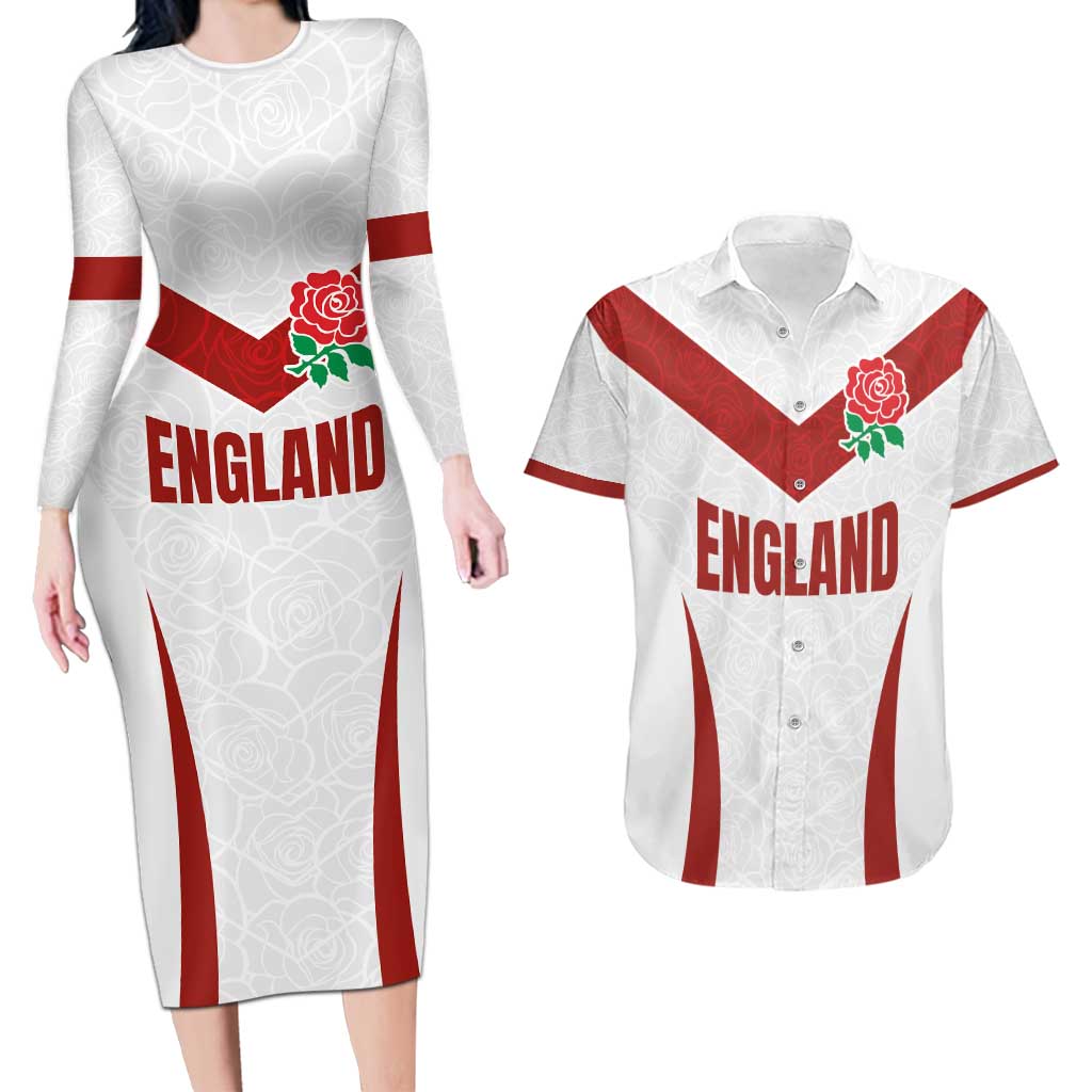 Custom England Rugby-The Red Rose Couples Matching Long Sleeve Bodycon Dress and Hawaiian Shirt Go Champions