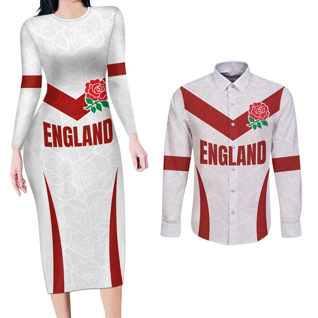 Custom England Rugby-The Red Rose Couples Matching Long Sleeve Bodycon Dress and Long Sleeve Button Shirt Go Champions