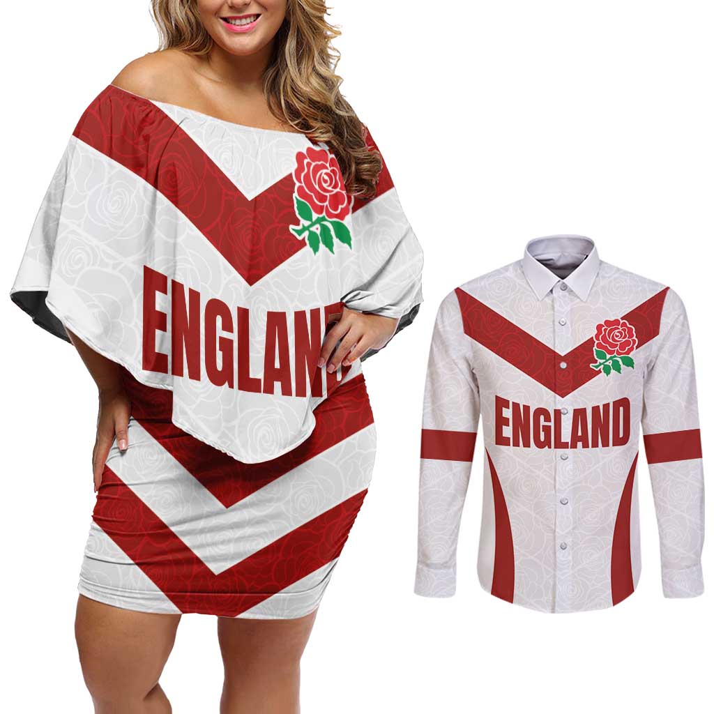 Custom England Rugby-The Red Rose Couples Matching Off Shoulder Short Dress and Long Sleeve Button Shirt Go Champions