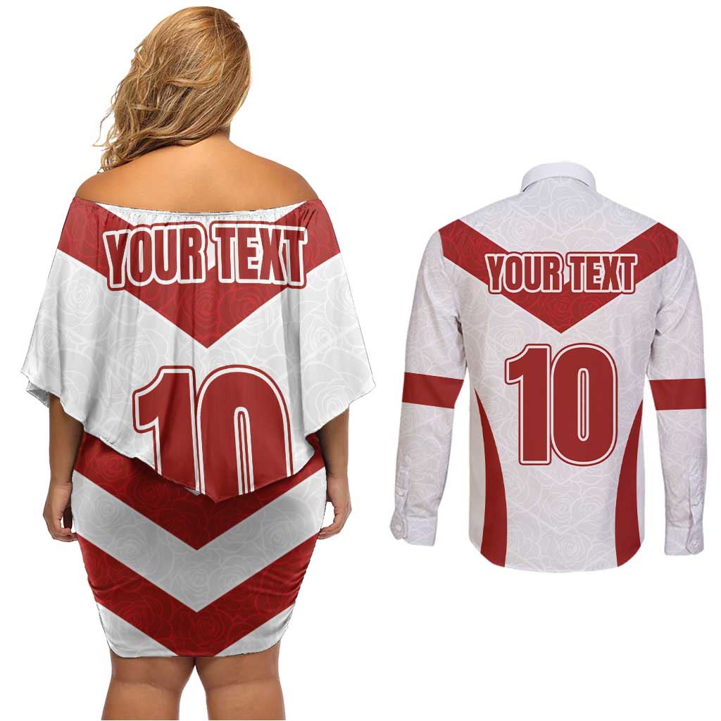 Custom England Rugby-The Red Rose Couples Matching Off Shoulder Short Dress and Long Sleeve Button Shirt Go Champions