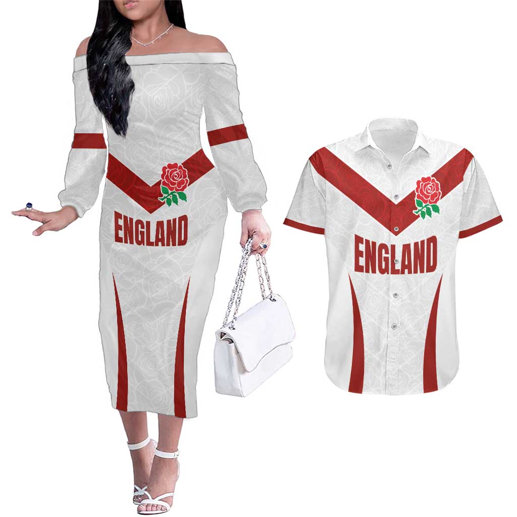 Custom England Rugby-The Red Rose Couples Matching Off The Shoulder Long Sleeve Dress and Hawaiian Shirt Go Champions