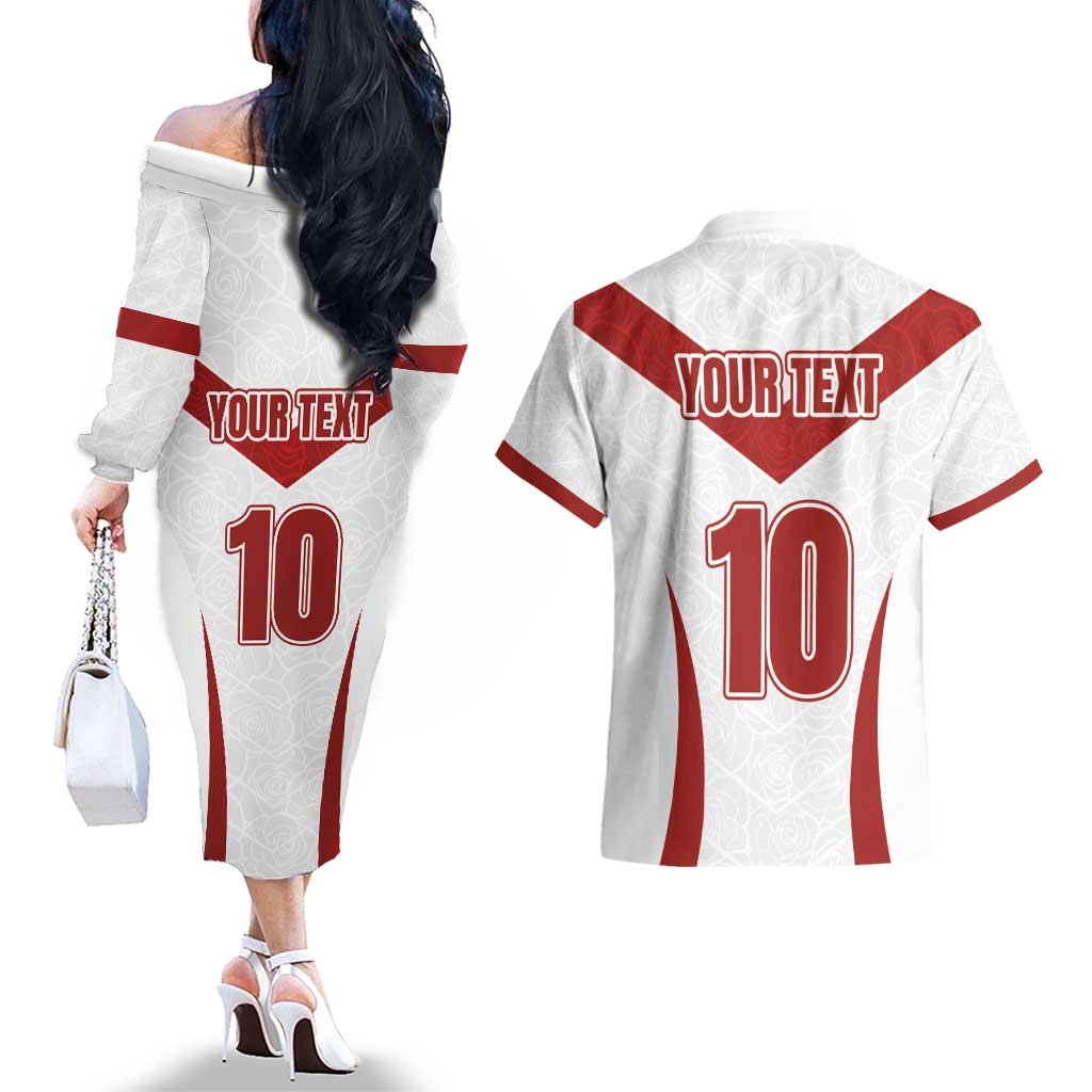 Custom England Rugby-The Red Rose Couples Matching Off The Shoulder Long Sleeve Dress and Hawaiian Shirt Go Champions