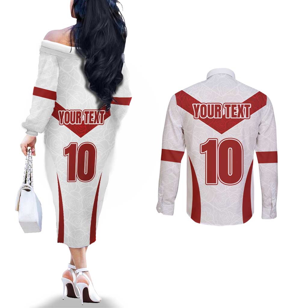 Custom England Rugby-The Red Rose Couples Matching Off The Shoulder Long Sleeve Dress and Long Sleeve Button Shirt Go Champions