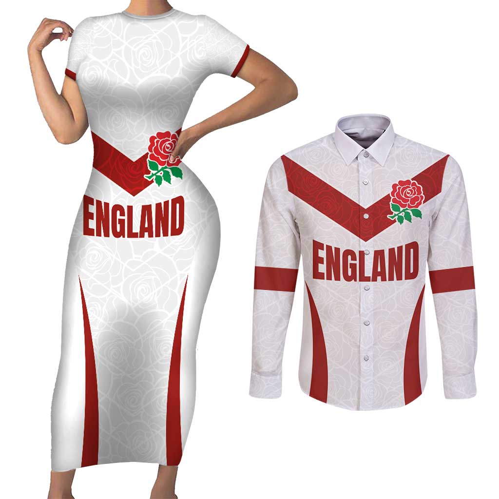 Custom England Rugby-The Red Rose Couples Matching Short Sleeve Bodycon Dress and Long Sleeve Button Shirt Go Champions