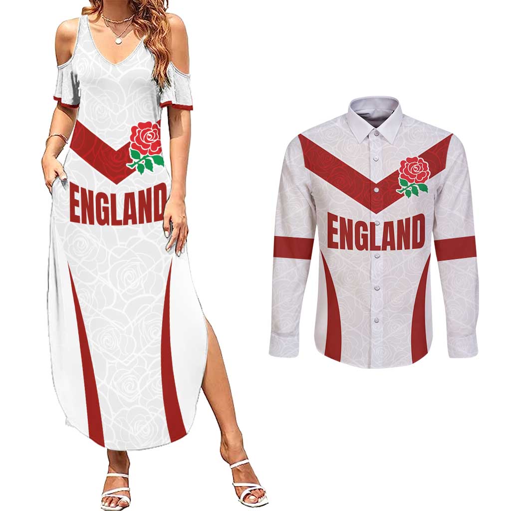 Custom England Rugby-The Red Rose Couples Matching Summer Maxi Dress and Long Sleeve Button Shirt Go Champions