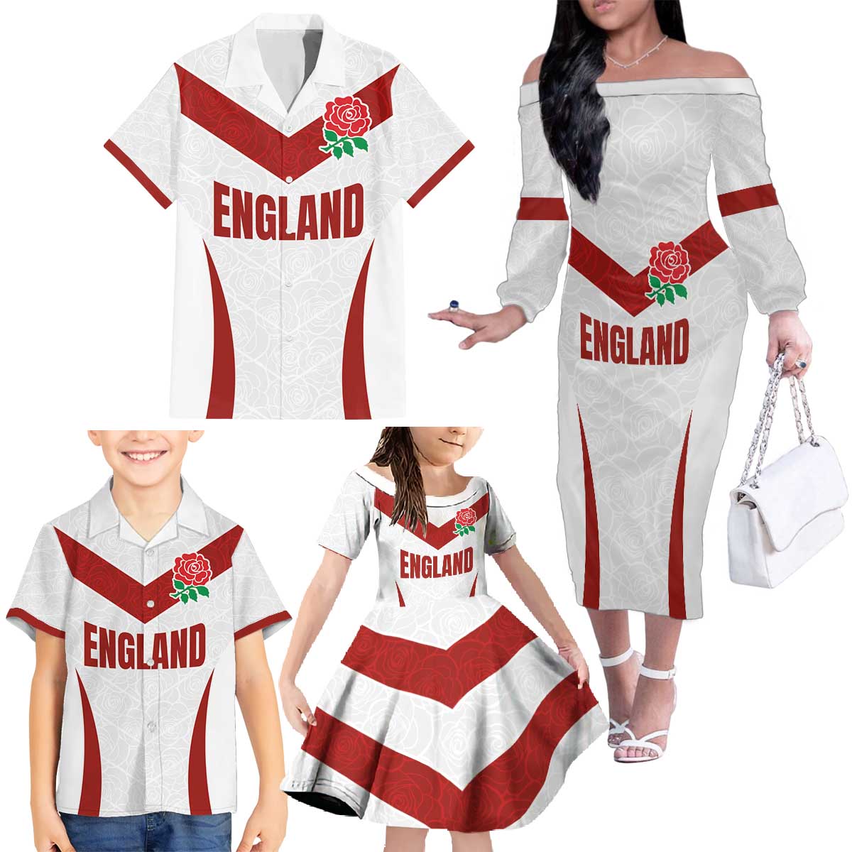 Custom England Rugby-The Red Rose Family Matching Off The Shoulder Long Sleeve Dress and Hawaiian Shirt Go Champions