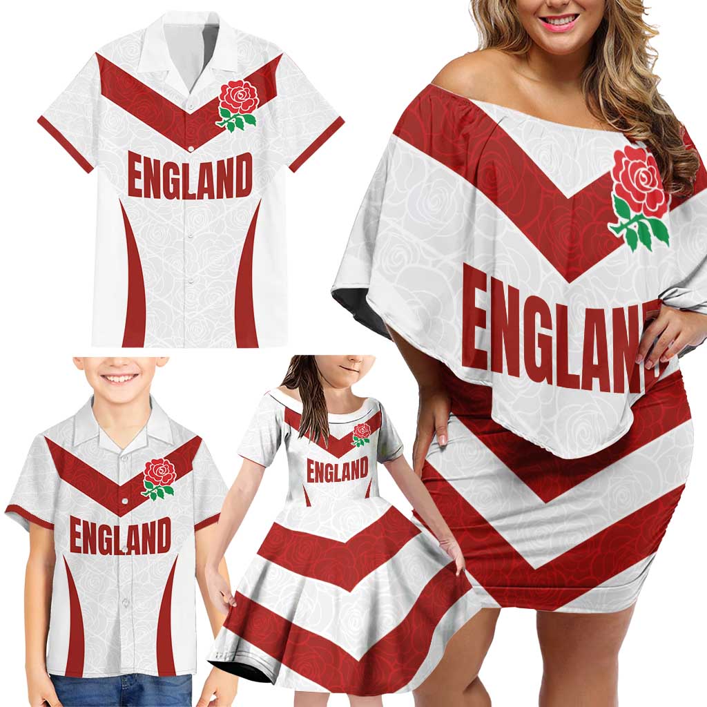 Custom England Rugby-The Red Rose Family Matching Off Shoulder Short Dress and Hawaiian Shirt Go Champions