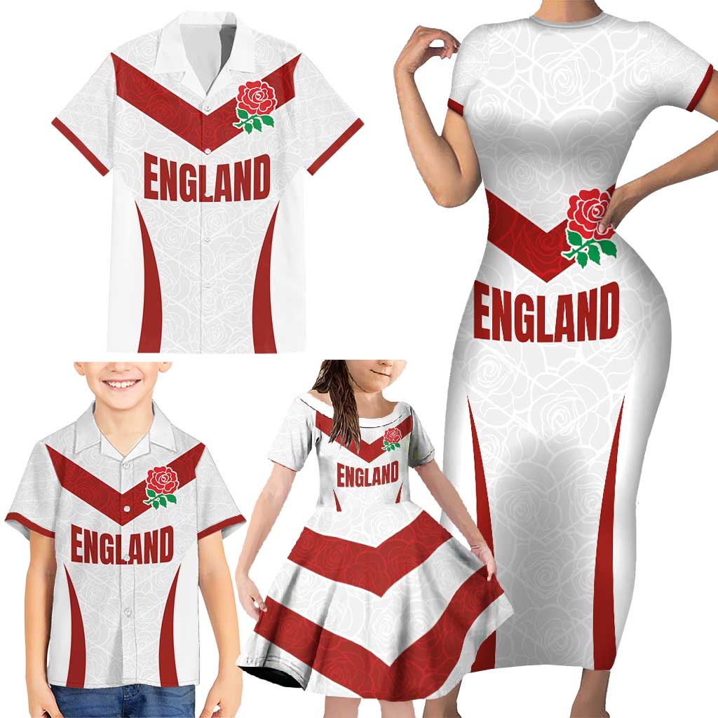 Custom England Rugby-The Red Rose Family Matching Short Sleeve Bodycon Dress and Hawaiian Shirt Go Champions