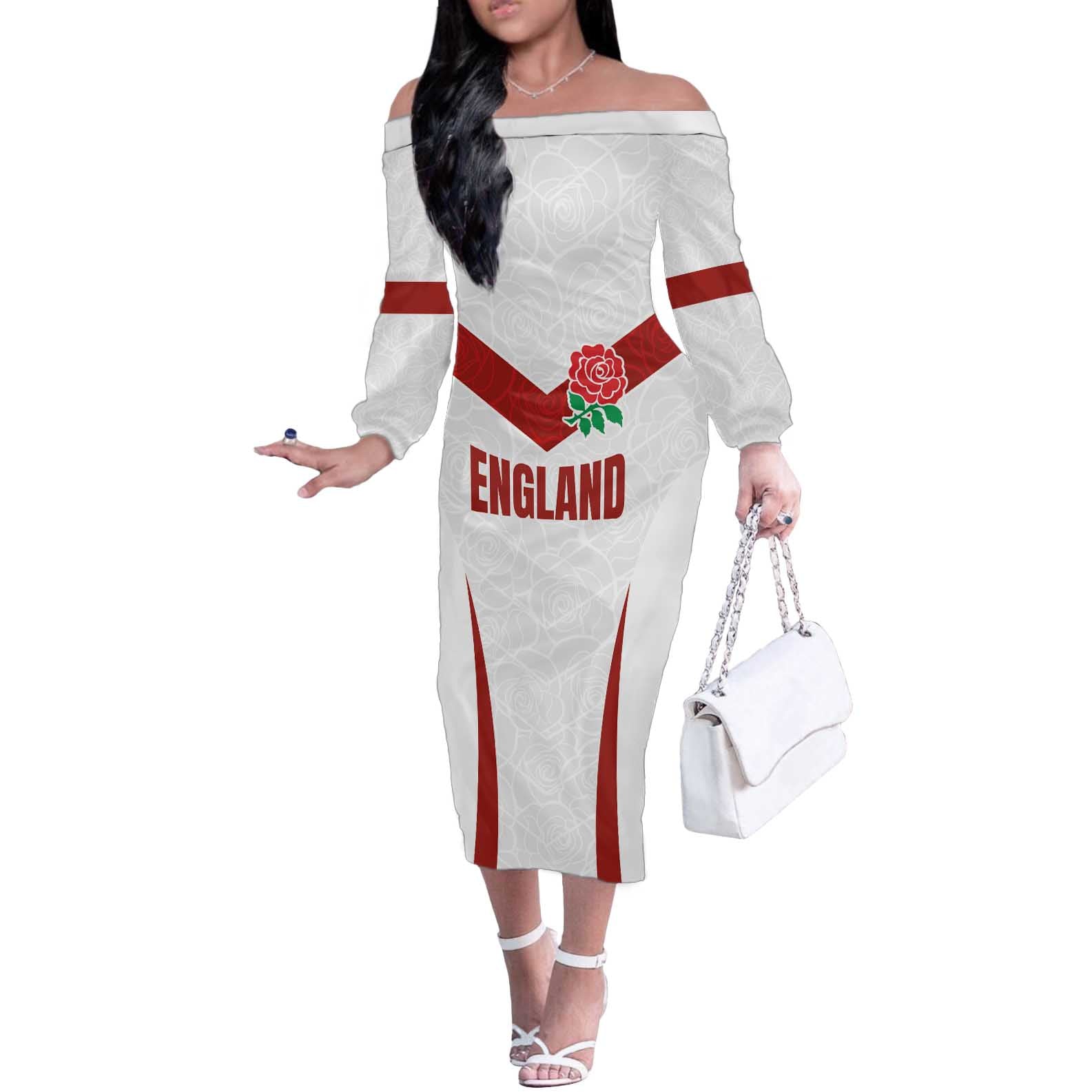 Custom England Rugby-The Red Rose Off The Shoulder Long Sleeve Dress Go Champions