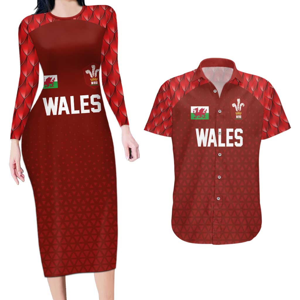 Custom Wales Rugby-The Three Feathers Couples Matching Long Sleeve Bodycon Dress and Hawaiian Shirt Go Champions
