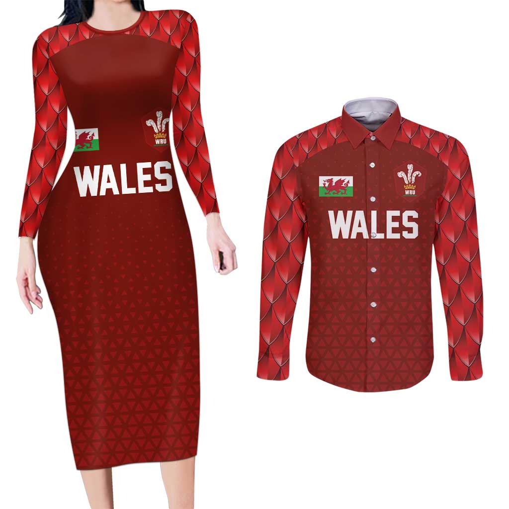 Custom Wales Rugby-The Three Feathers Couples Matching Long Sleeve Bodycon Dress and Long Sleeve Button Shirt Go Champions