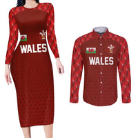 Custom Wales Rugby-The Three Feathers Couples Matching Long Sleeve Bodycon Dress and Long Sleeve Button Shirt Go Champions