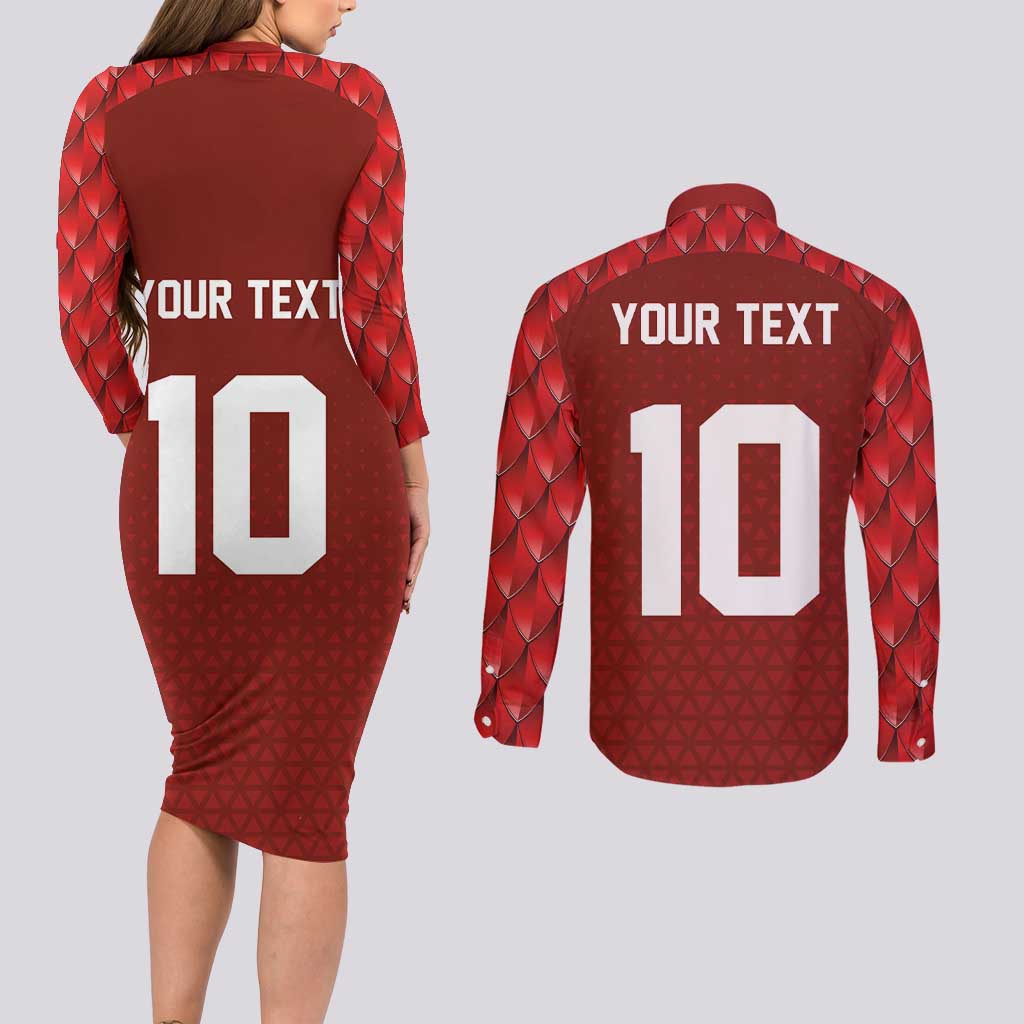 Custom Wales Rugby-The Three Feathers Couples Matching Long Sleeve Bodycon Dress and Long Sleeve Button Shirt Go Champions