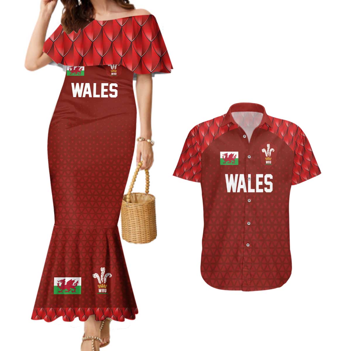 Custom Wales Rugby-The Three Feathers Couples Matching Mermaid Dress and Hawaiian Shirt Go Champions