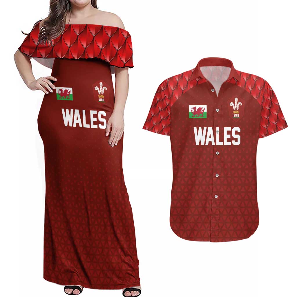Custom Wales Rugby-The Three Feathers Couples Matching Off Shoulder Maxi Dress and Hawaiian Shirt Go Champions