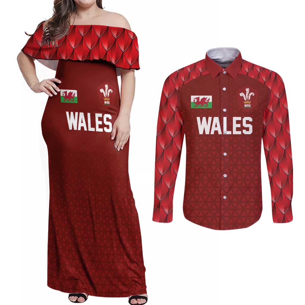 Custom Wales Rugby-The Three Feathers Couples Matching Off Shoulder Maxi Dress and Long Sleeve Button Shirt Go Champions