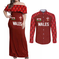 Custom Wales Rugby-The Three Feathers Couples Matching Off Shoulder Maxi Dress and Long Sleeve Button Shirt Go Champions
