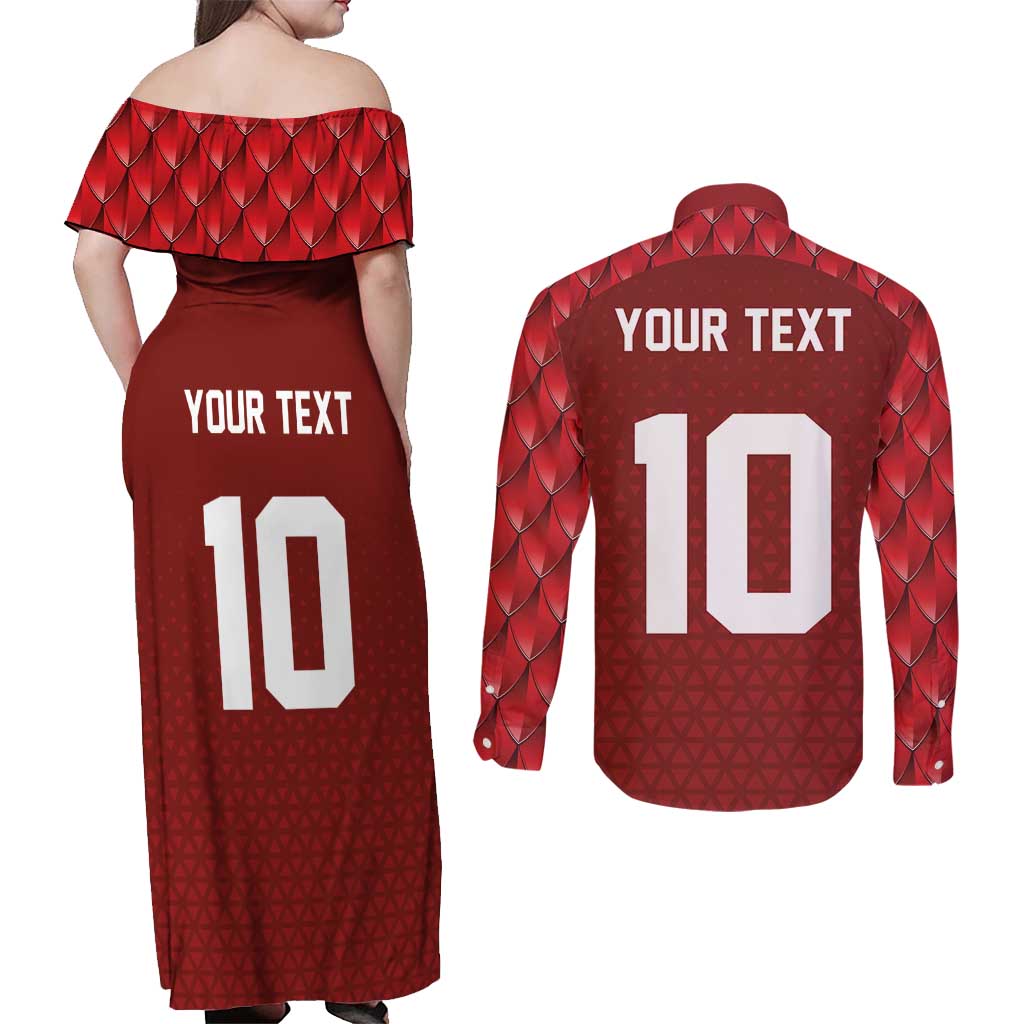 Custom Wales Rugby-The Three Feathers Couples Matching Off Shoulder Maxi Dress and Long Sleeve Button Shirt Go Champions