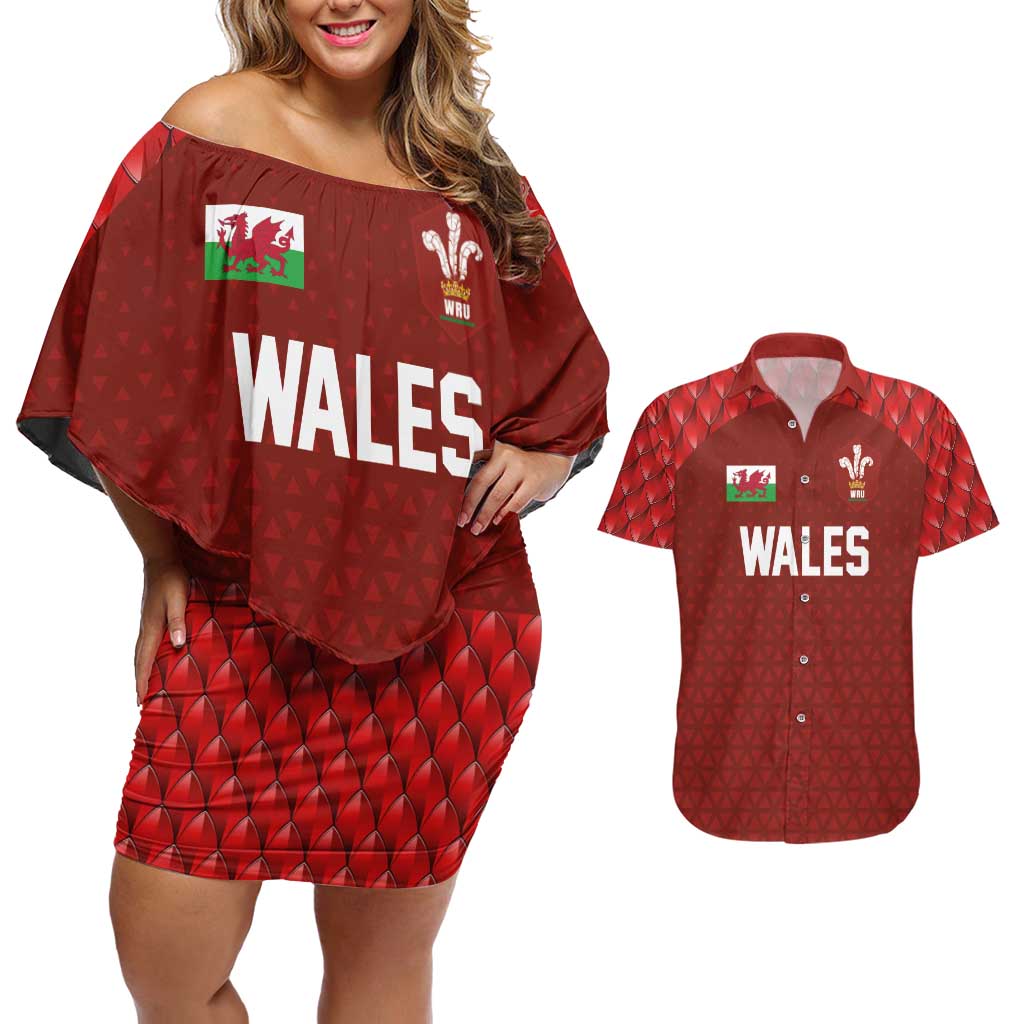 Custom Wales Rugby-The Three Feathers Couples Matching Off Shoulder Short Dress and Hawaiian Shirt Go Champions