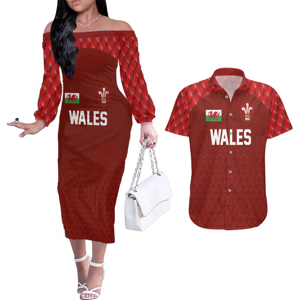 Custom Wales Rugby-The Three Feathers Couples Matching Off The Shoulder Long Sleeve Dress and Hawaiian Shirt Go Champions