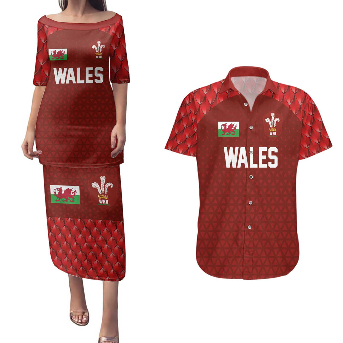 Custom Wales Rugby-The Three Feathers Couples Matching Puletasi and Hawaiian Shirt Go Champions