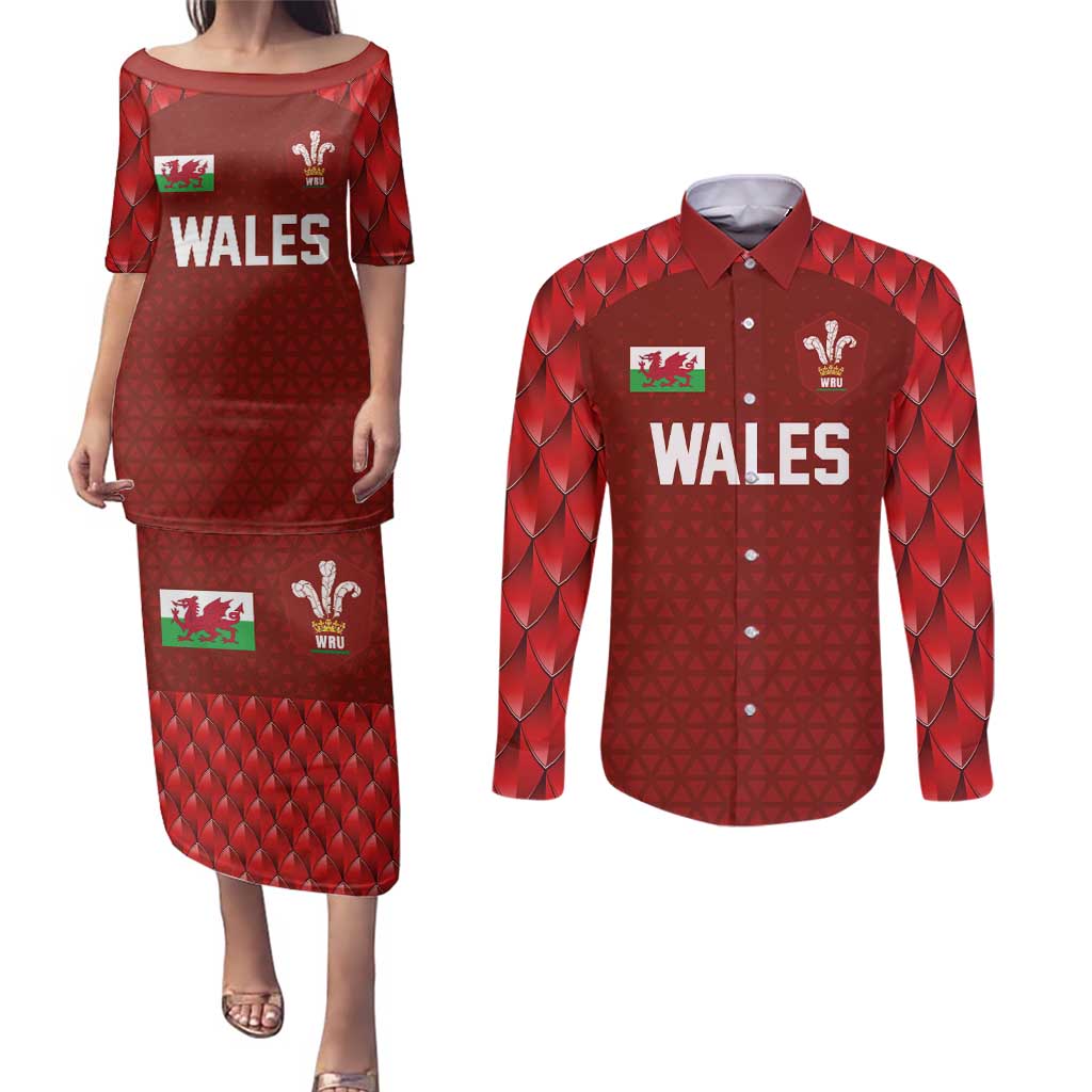 Custom Wales Rugby-The Three Feathers Couples Matching Puletasi and Long Sleeve Button Shirt Go Champions