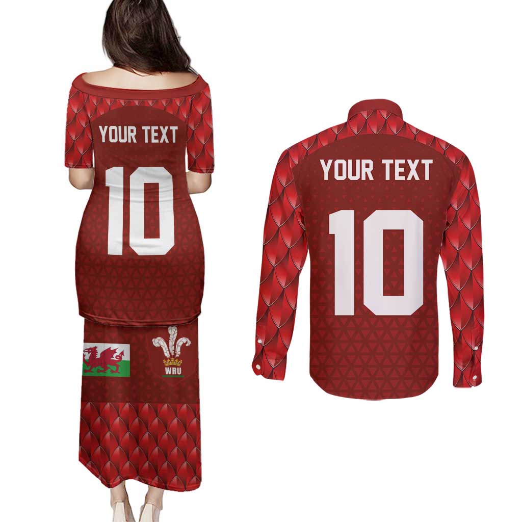 Custom Wales Rugby-The Three Feathers Couples Matching Puletasi and Long Sleeve Button Shirt Go Champions