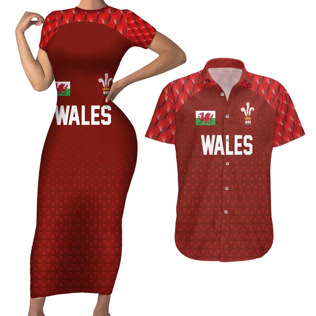 Custom Wales Rugby-The Three Feathers Couples Matching Short Sleeve Bodycon Dress and Hawaiian Shirt Go Champions