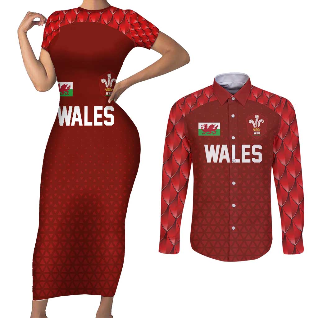 Custom Wales Rugby-The Three Feathers Couples Matching Short Sleeve Bodycon Dress and Long Sleeve Button Shirt Go Champions