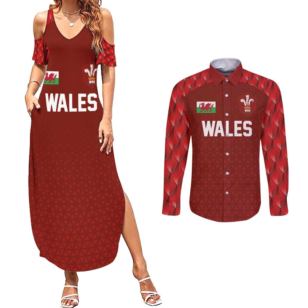 Custom Wales Rugby-The Three Feathers Couples Matching Summer Maxi Dress and Long Sleeve Button Shirt Go Champions