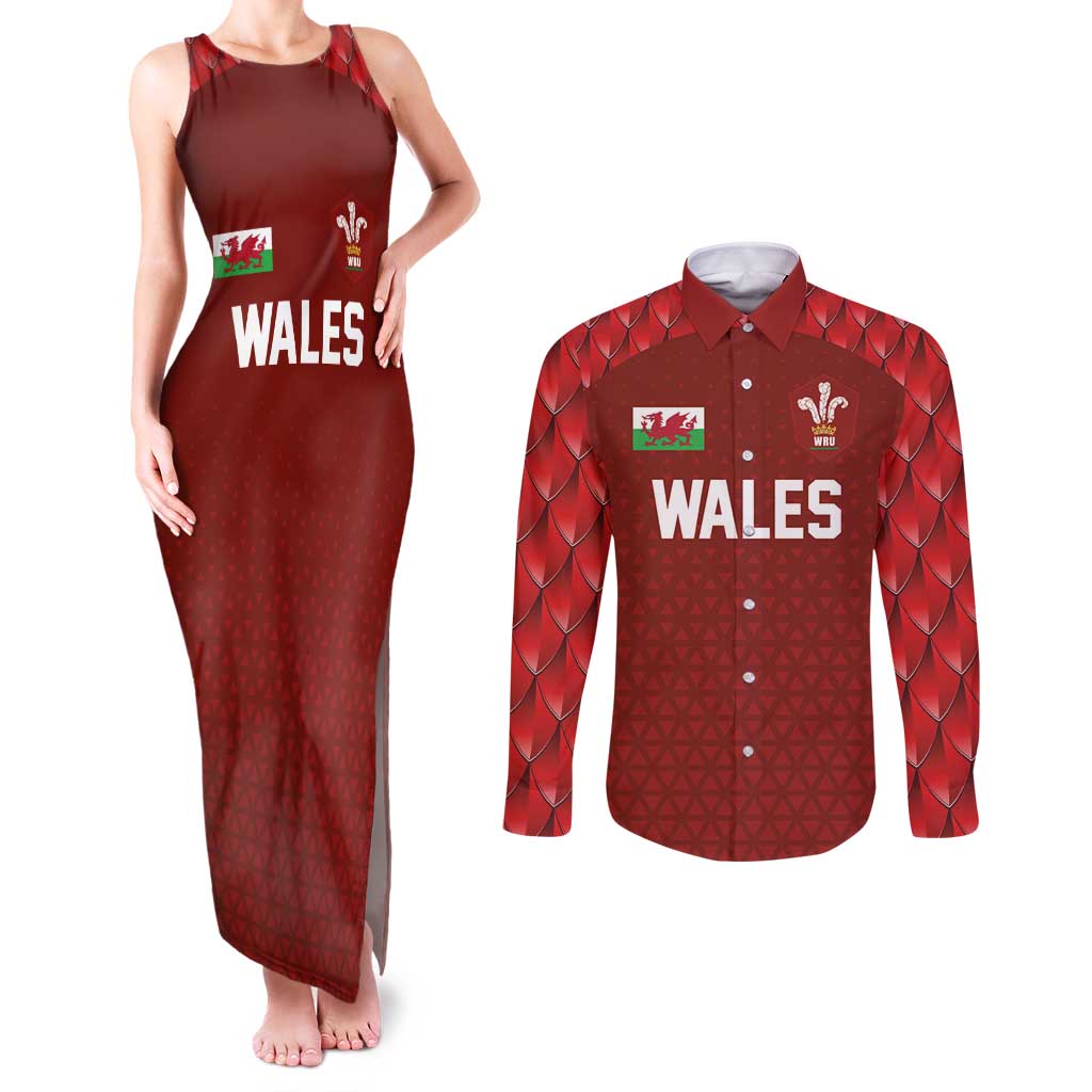 Custom Wales Rugby-The Three Feathers Couples Matching Tank Maxi Dress and Long Sleeve Button Shirt Go Champions