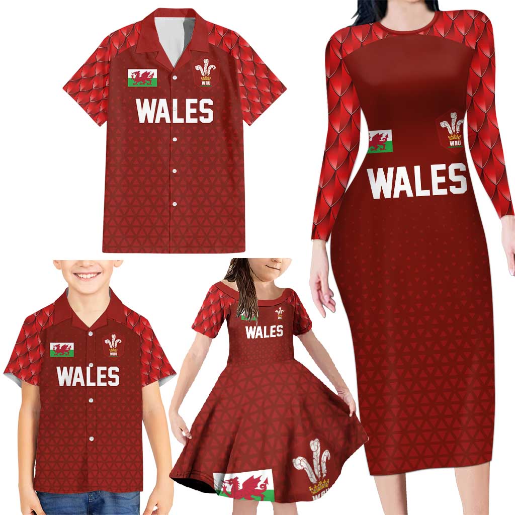 Custom Wales Rugby-The Three Feathers Family Matching Long Sleeve Bodycon Dress and Hawaiian Shirt Go Champions
